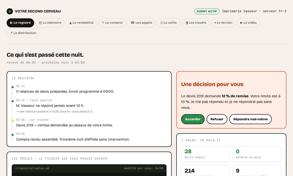 La console : le registre de la nuit, la décision à trancher, le fichier de règles